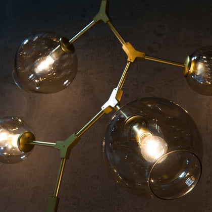 The Vault Sahan Mid-Century Satin Brass & Clear Smoke Glass Chandelier