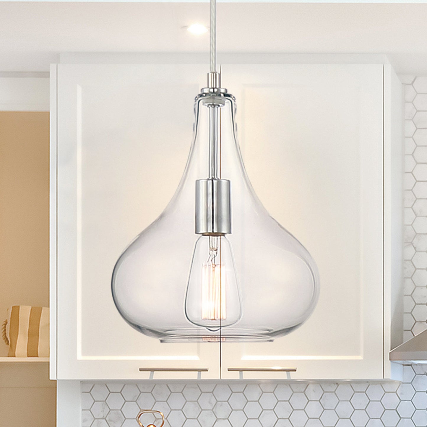 Vanity Art 10" 1-Light LED Compatible Chrome Pendant Light With Clear Glass Shade