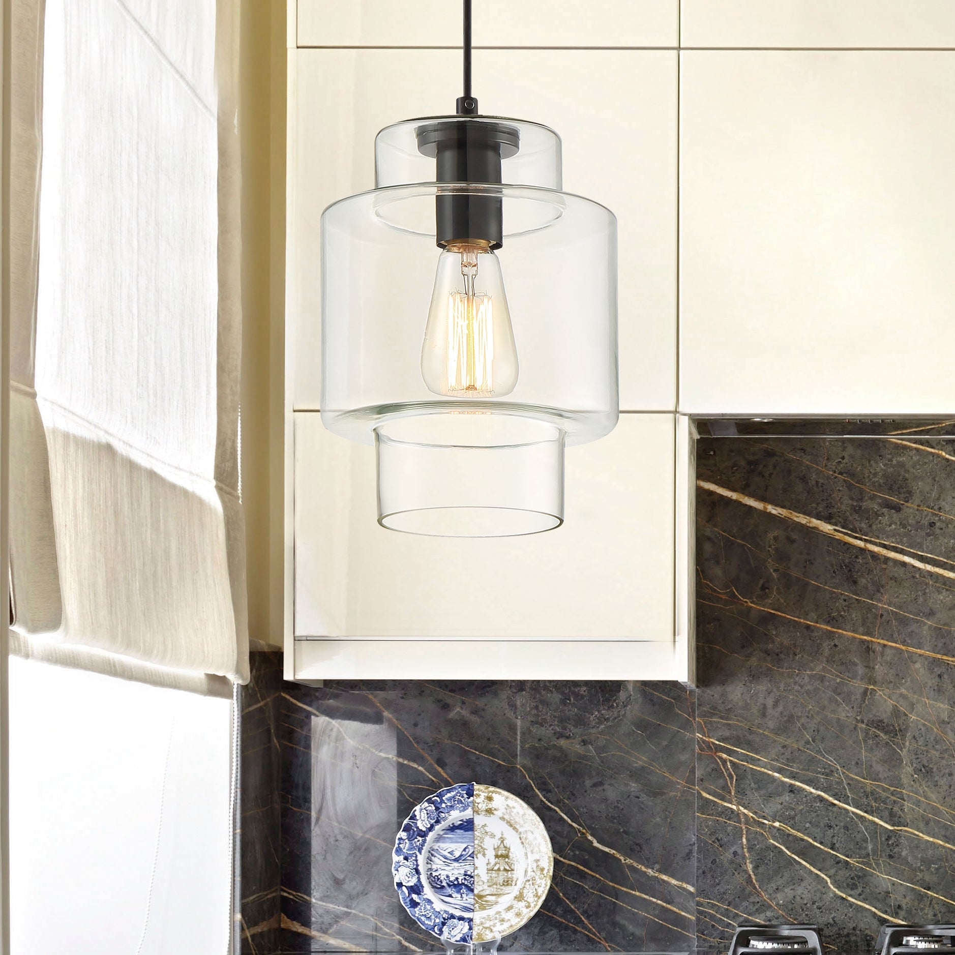 Vanity Art 7" 1-Light LED Compatible Black Pendant Light With Clear Glass Shade