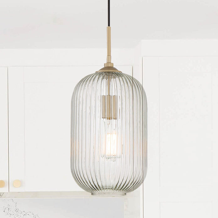 Vanity Art 8" 1-Light LED Compatible Brass Dust Pendant Light With Ripple Glass Shade