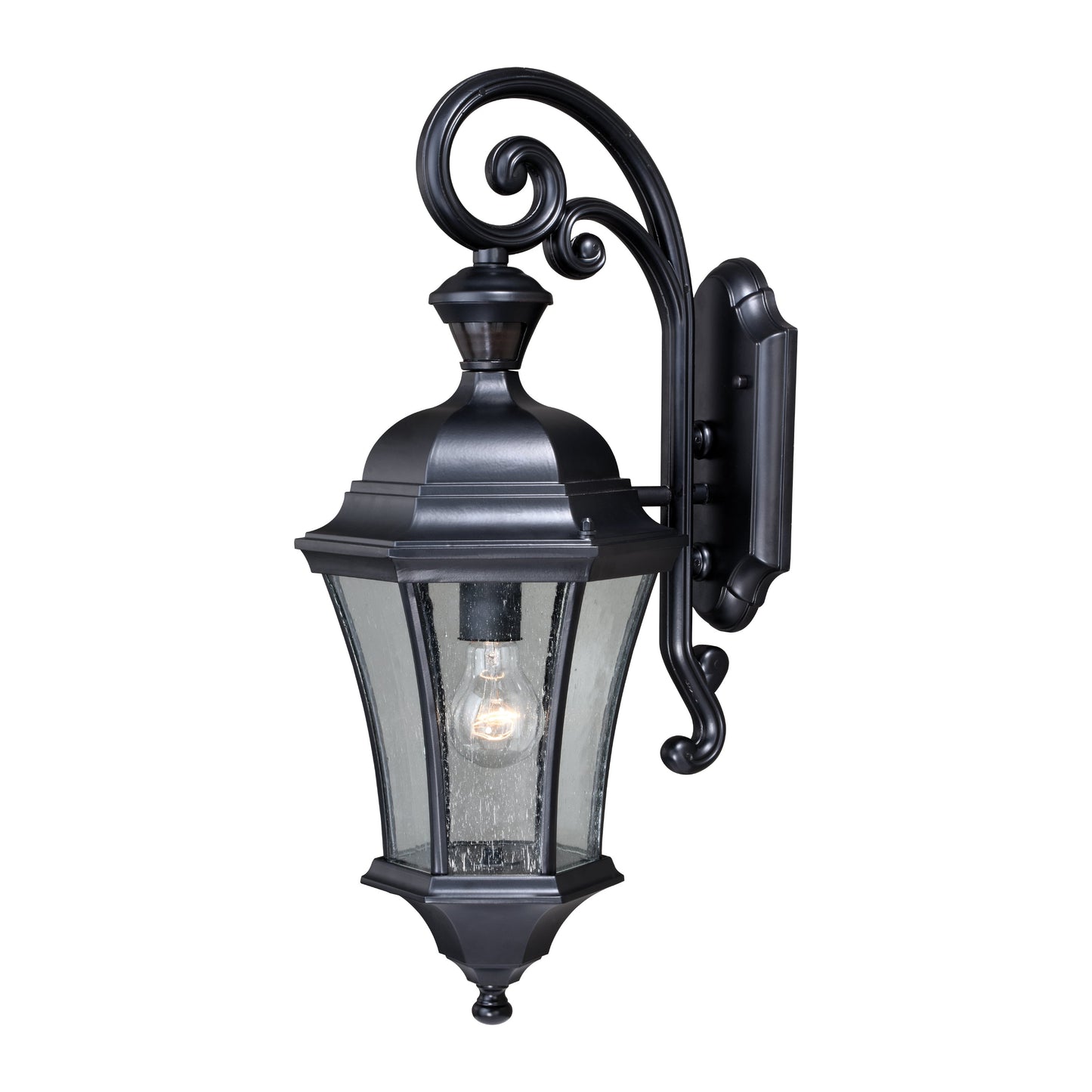 Vaxcel Aberdeen 10" 1-Light Shiny Black 180-Degree Dusk-to-Dawn Outdoor Wall Light With Motion Sensor and Clear Seeded Glass Shade