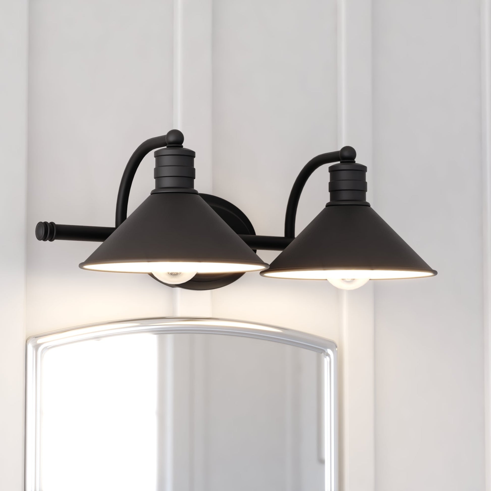 Vaxcel Akron 18" 2-Light Oil Rubbed Bronze and Matte White Vanity Light with Metal Shades