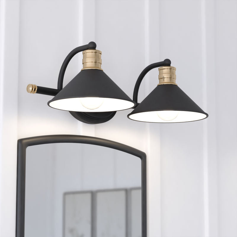Vaxcel Akron 2 Light Vanity Matte Black and Natural Brass with Matte White