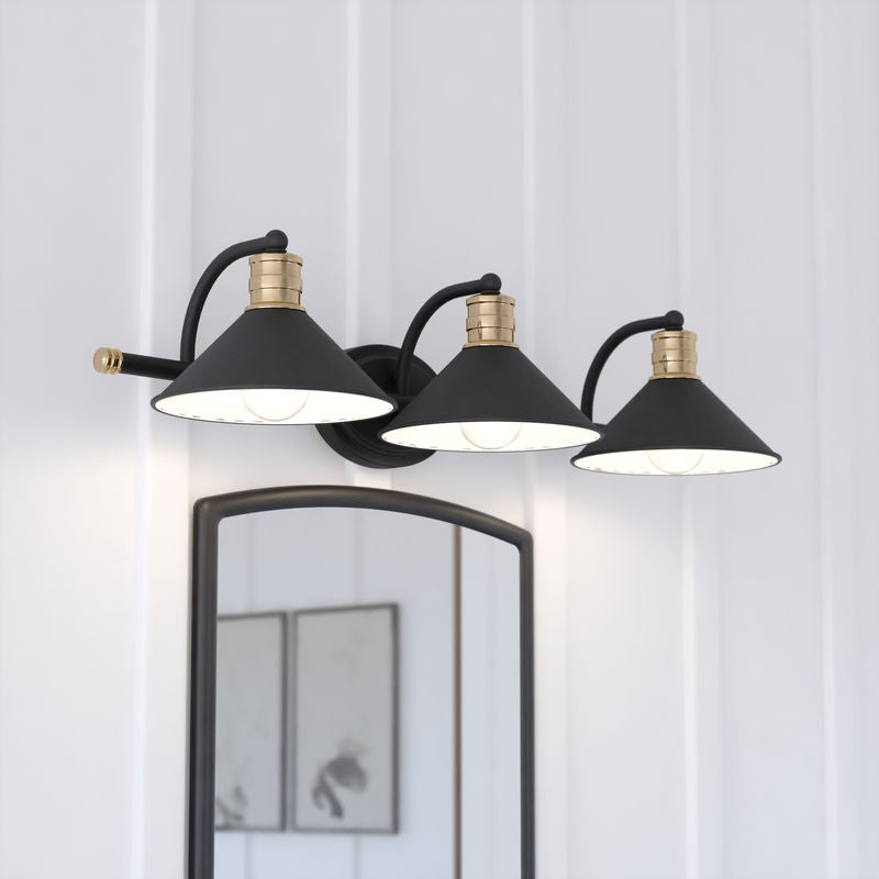 Vaxcel Akron 3 Light Vanity Matte Black and Natural Brass with Matte White
