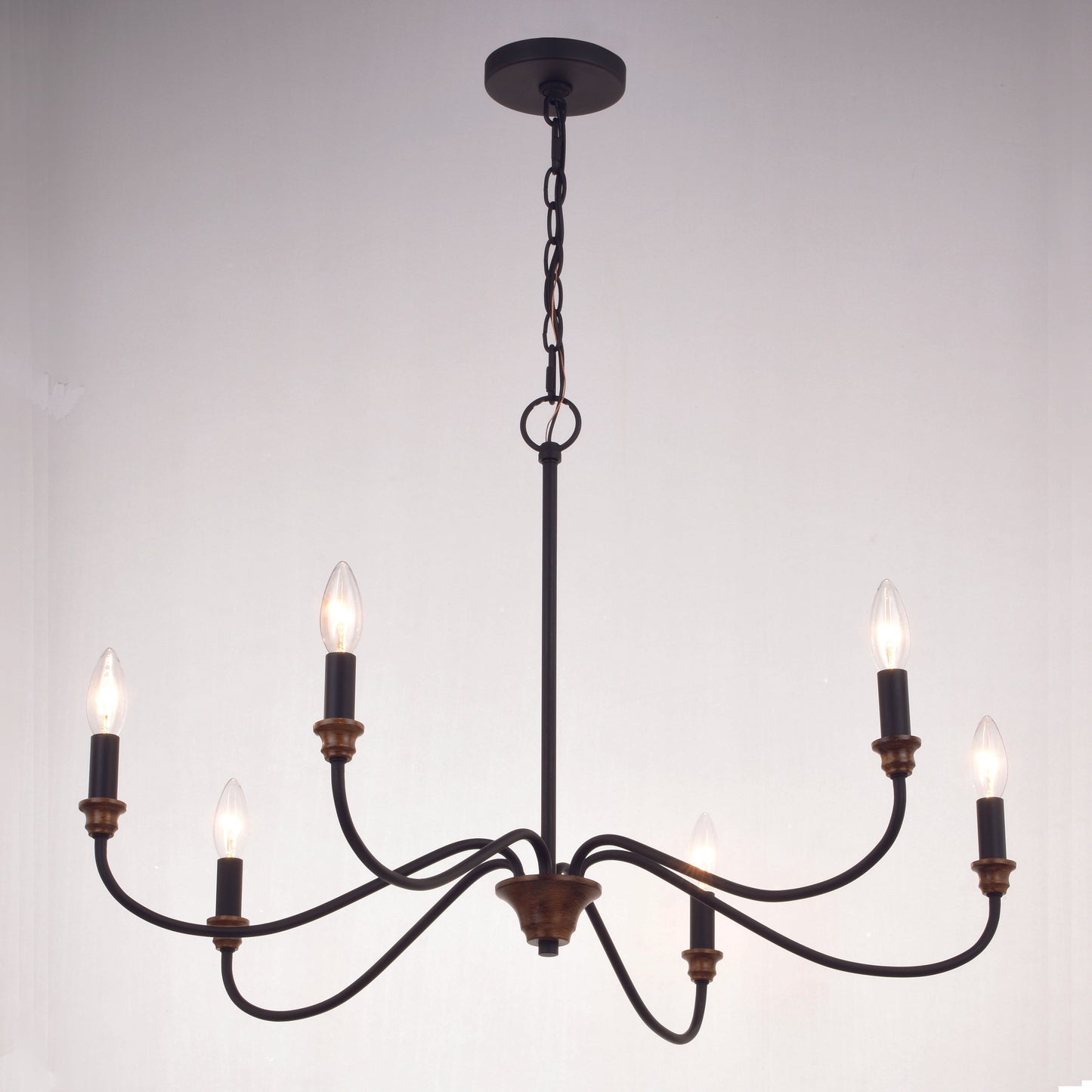 Vaxcel Annabelle 30" 6-Light Matte Black and Brushed Walnut Taper Candle Chandelier