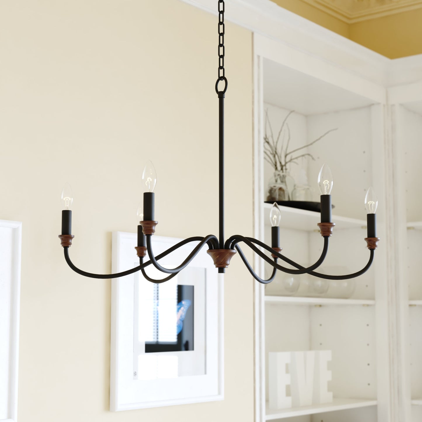 Vaxcel Annabelle 30" 6-Light Matte Black and Brushed Walnut Taper Candle Chandelier