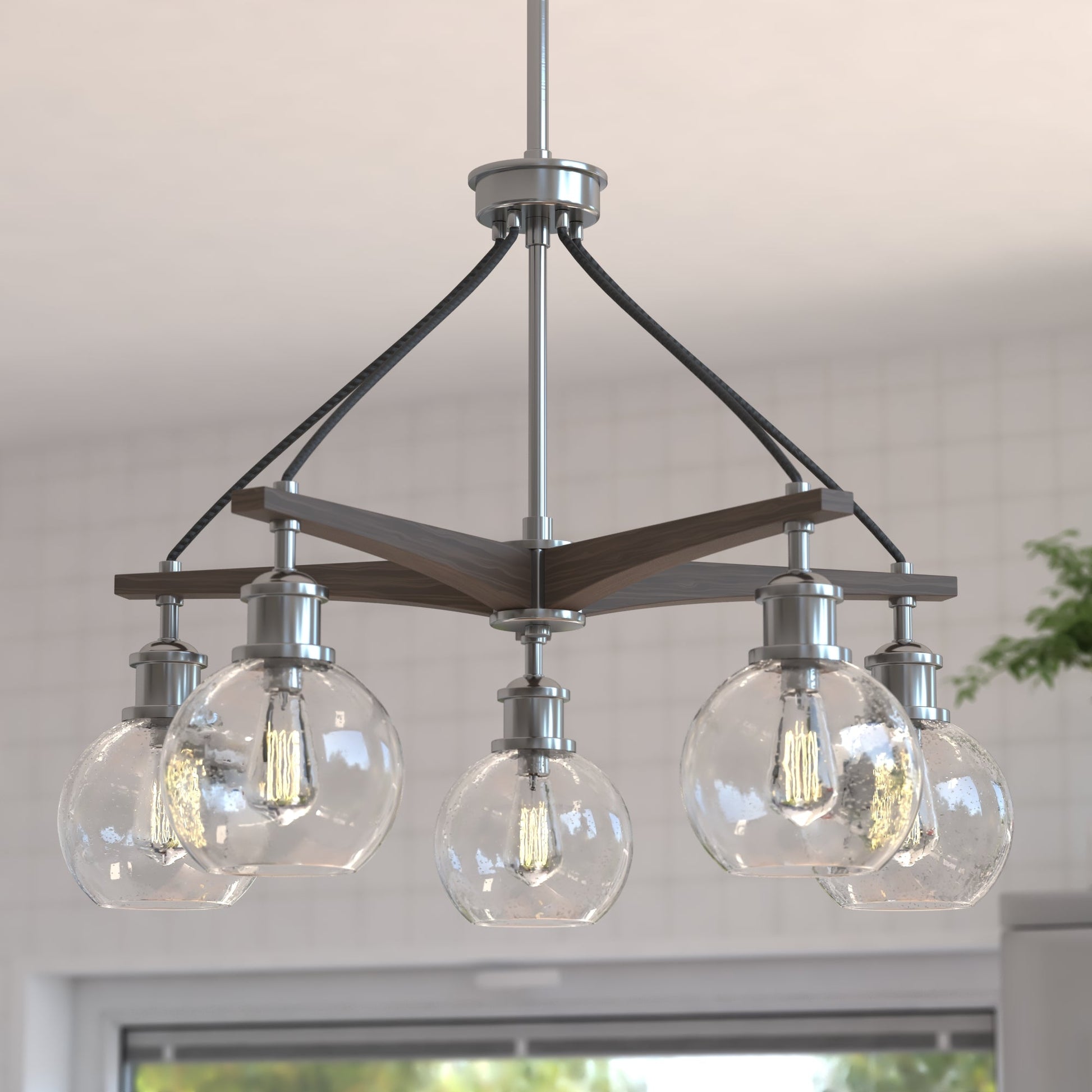 Vaxcel Avondale 26" 5-Light Satin Nickel and Wood Farmhouse Chandelier With Clear Seeded Globe Glass Shades