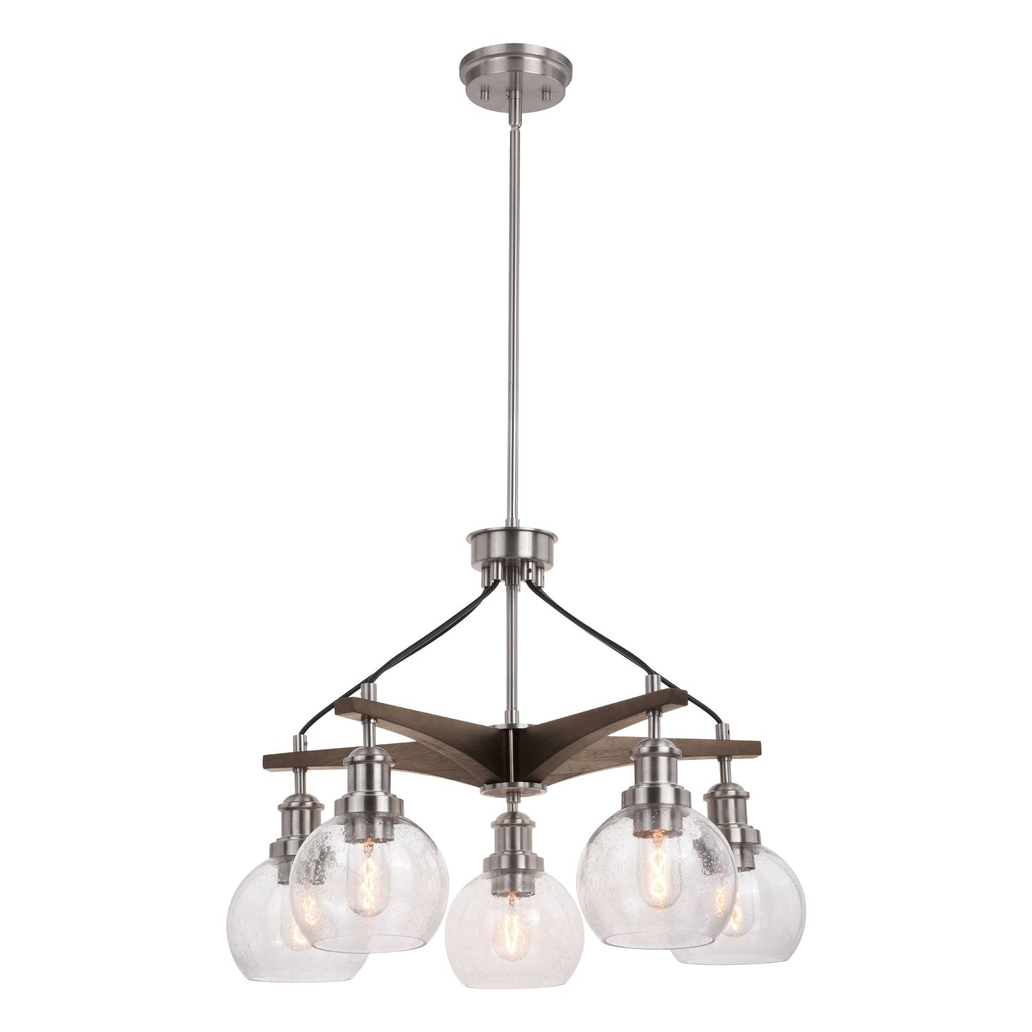 Vaxcel Avondale 26" 5-Light Satin Nickel and Wood Farmhouse Chandelier With Clear Seeded Globe Glass Shades