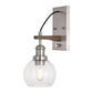 Vaxcel Avondale 6" 1-Light Satin Nickel Plug-In Wall Sconce With Clear Seeded Glass Globe Shade and On/Off Switch