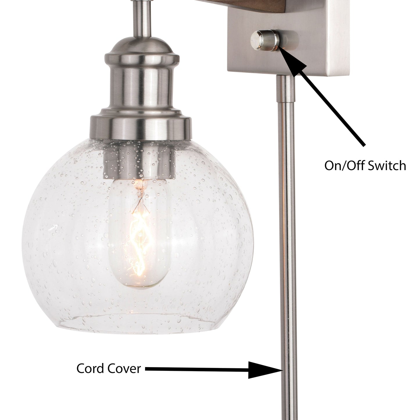 Vaxcel Avondale 6" 1-Light Satin Nickel Plug-In Wall Sconce With Clear Seeded Glass Globe Shade and On/Off Switch