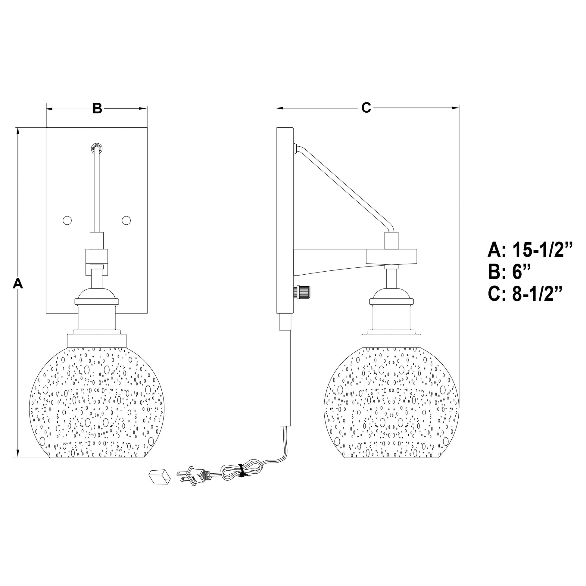 Vaxcel Avondale 6" 1-Light Satin Nickel Plug-In Wall Sconce With Clear Seeded Glass Globe Shade and On/Off Switch