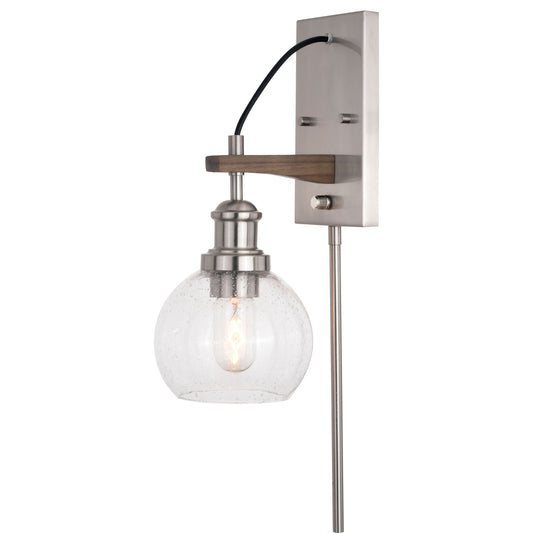 Vaxcel Avondale 6" 1-Light Satin Nickel Plug-In Wall Sconce With Clear Seeded Glass Globe Shade and On/Off Switch