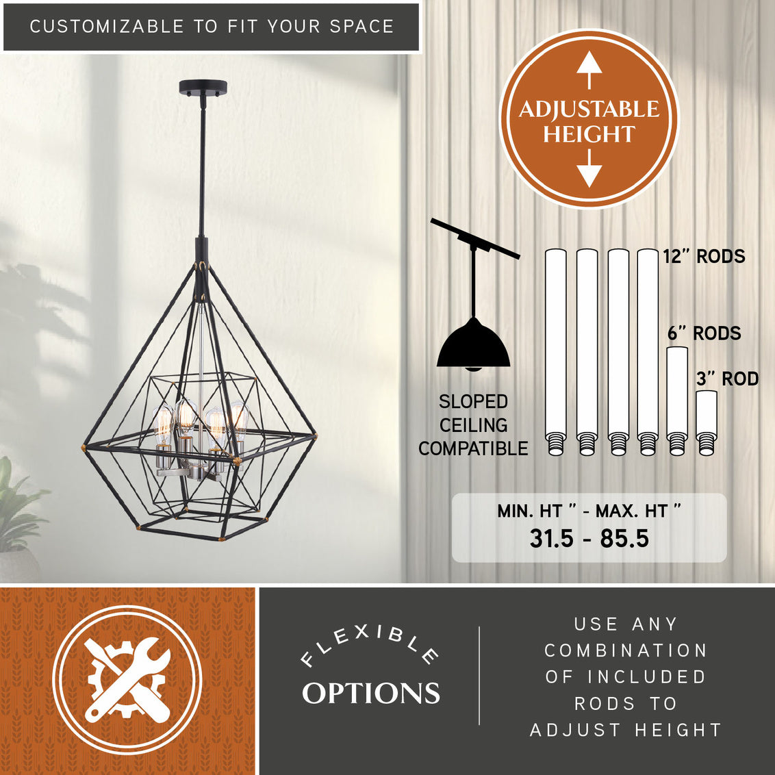Vaxcel Bartlett 24 in. W 4 Light Pendant Oil Rubbed Bronze with Satin Nickel