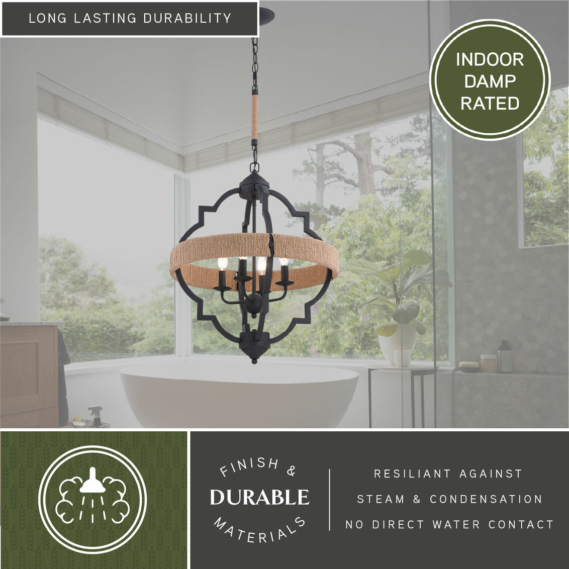 Vaxcel Beaumont 20 in. W 4 Light Pendant Textured Gray with Natural Rope