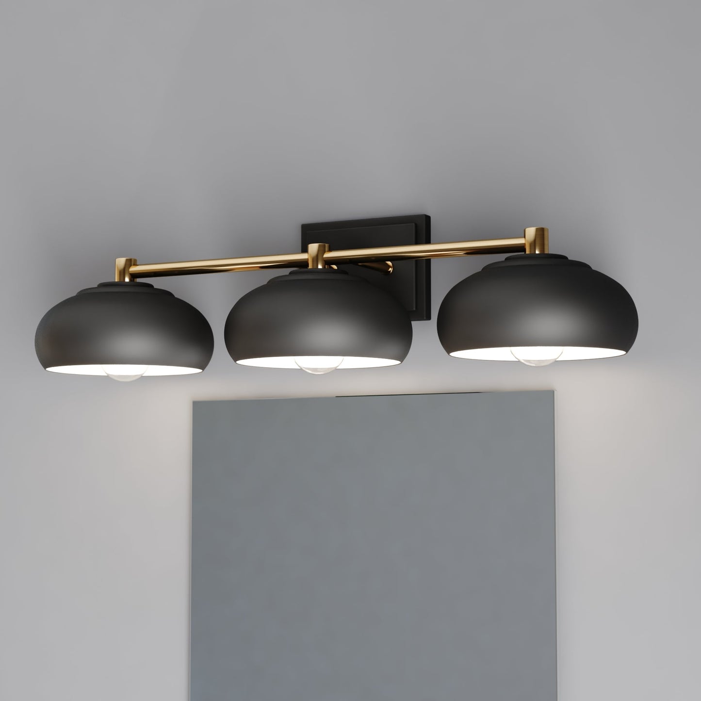 Vaxcel Belmont 28" 3-Light Black and Brass Mid-Century Modern Bathroom Vanity Wall Light With Black Metal Dome Shades