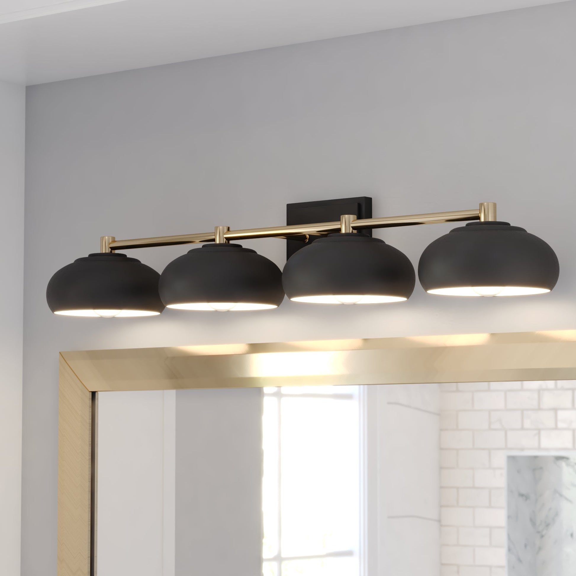 Vaxcel Belmont 38" 4-Light Black and Brass Mid-Century Modern Bathroom Vanity Wall Light With Black Metal Dome Shades