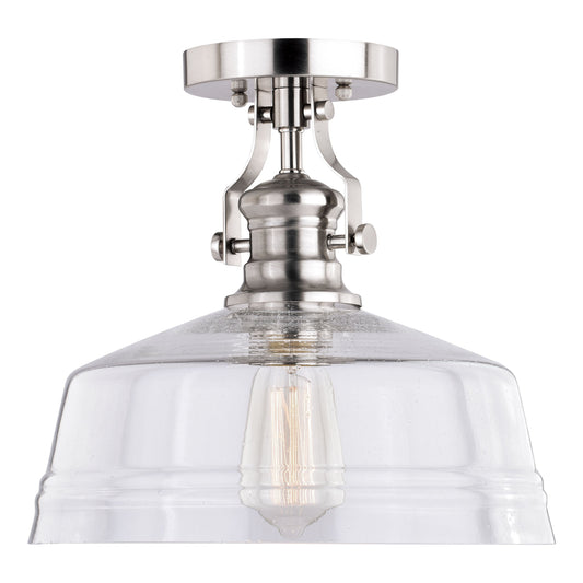 Vaxcel Beloit 12" 1-Light Satin Nickel Farmhouse Semi-Flush Mount Ceiling Light With Clear Seeded Glass Shade