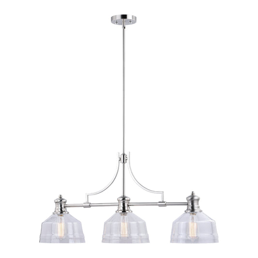 Vaxcel Beloit 37" 3-Light Nickel Farmhouse Linear Island Chandelier With Clear Seeded Glass Shades