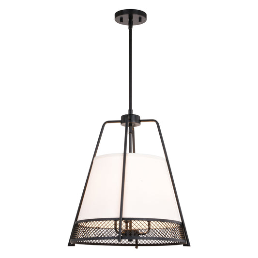 Vaxcel Benton 17" 3-Light Black Modern Industrial Pendant Light With White Linen Cage Shade