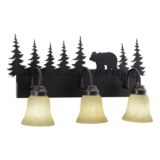 Vaxcel Bozeman 25" 3-Light Indoor Bronze Rustic Bear Steel Bathroom Vanity Fixture With Amber Flake Glass Shades