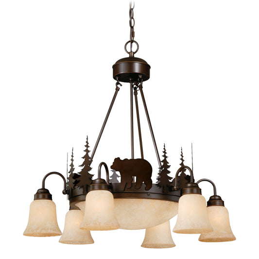 Vaxcel Bozeman 29" 9-Light Bronze Rustic Bear Steel Chandelier With Amber Flake Glass Shades