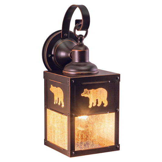 Vaxcel Bozeman 5" 1-Light Outdoor Bronze Rustic Bear Tree Steel Wall Lantern With Clear Seeded Glass Shade