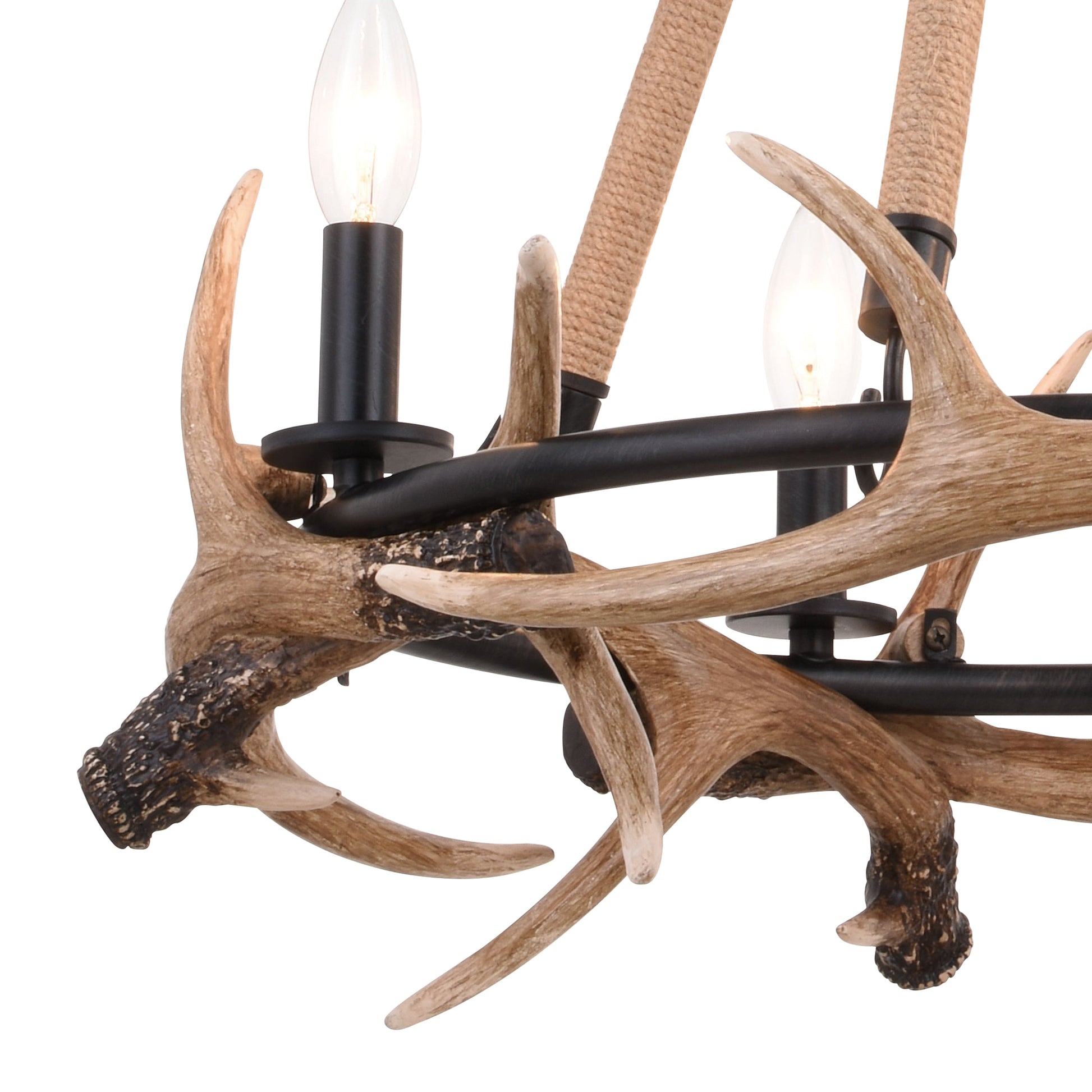 Vaxcel Breckenridge 24" 4-Light Bronze Rustic Antler Interior Chandelier With Natural Rope Accent