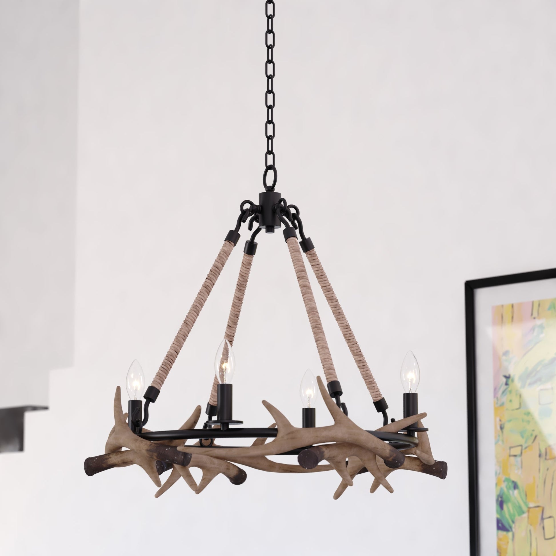 Vaxcel Breckenridge 24" 4-Light Bronze Rustic Antler Interior Chandelier With Natural Rope Accent