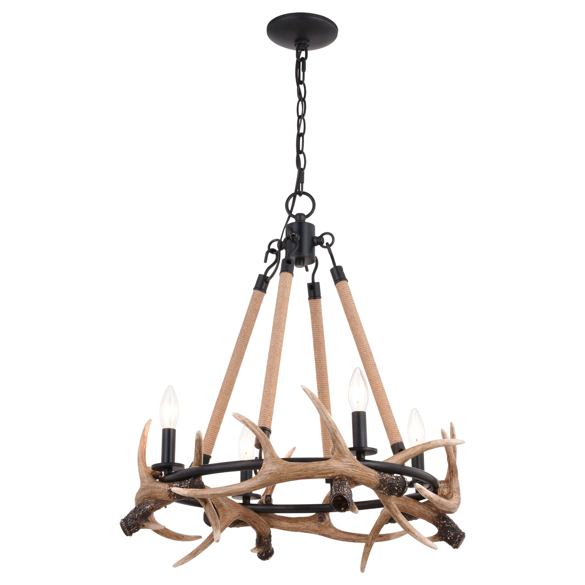 Vaxcel Breckenridge 24" 4-Light Bronze Rustic Antler Interior Chandelier With Natural Rope Accent