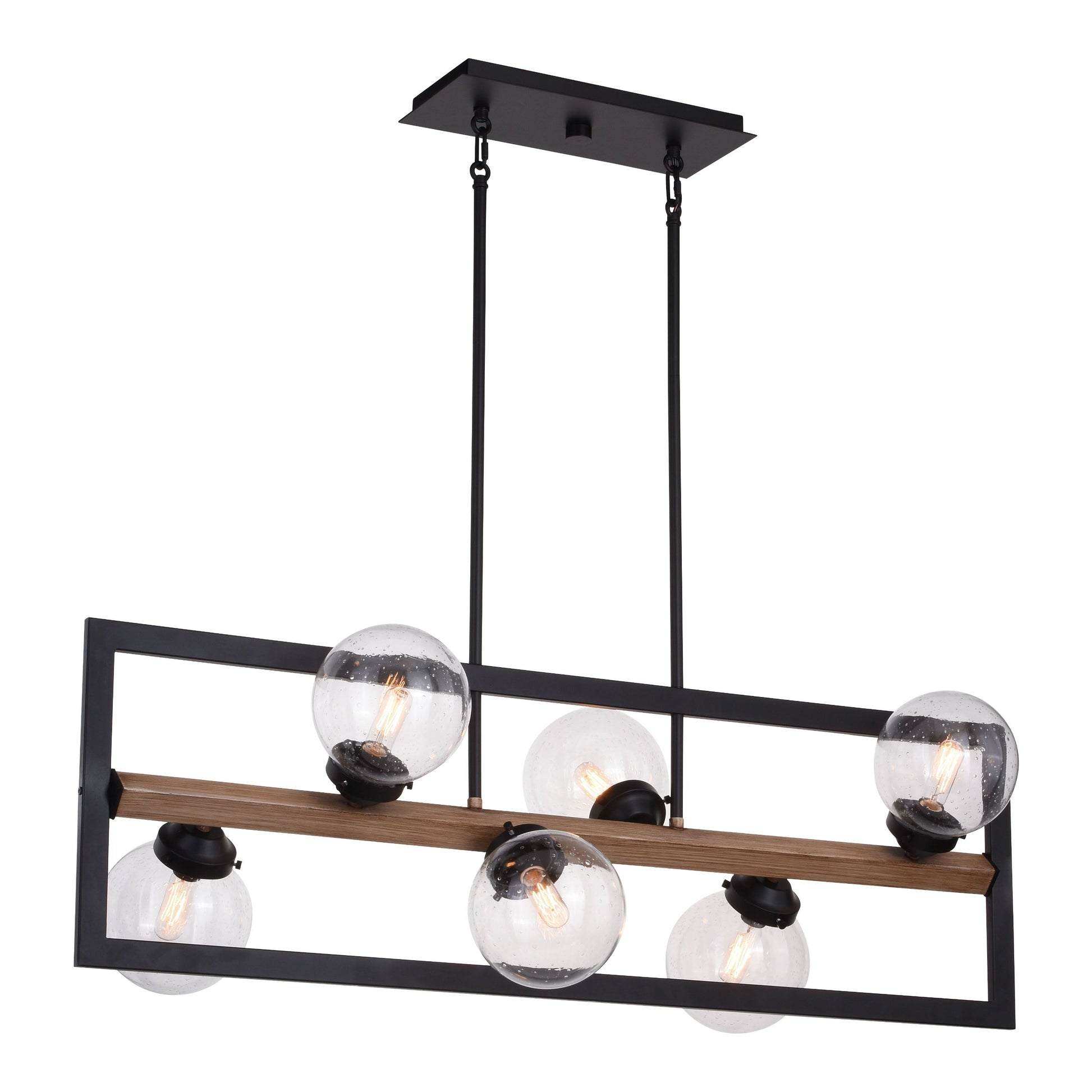 Vaxcel Bridgeview 38" 6-Light Oil Rubbed Bronze and Light Walnut Industrial Linear Pendant Chandelier With Clear Seeded Globe Glass Shades