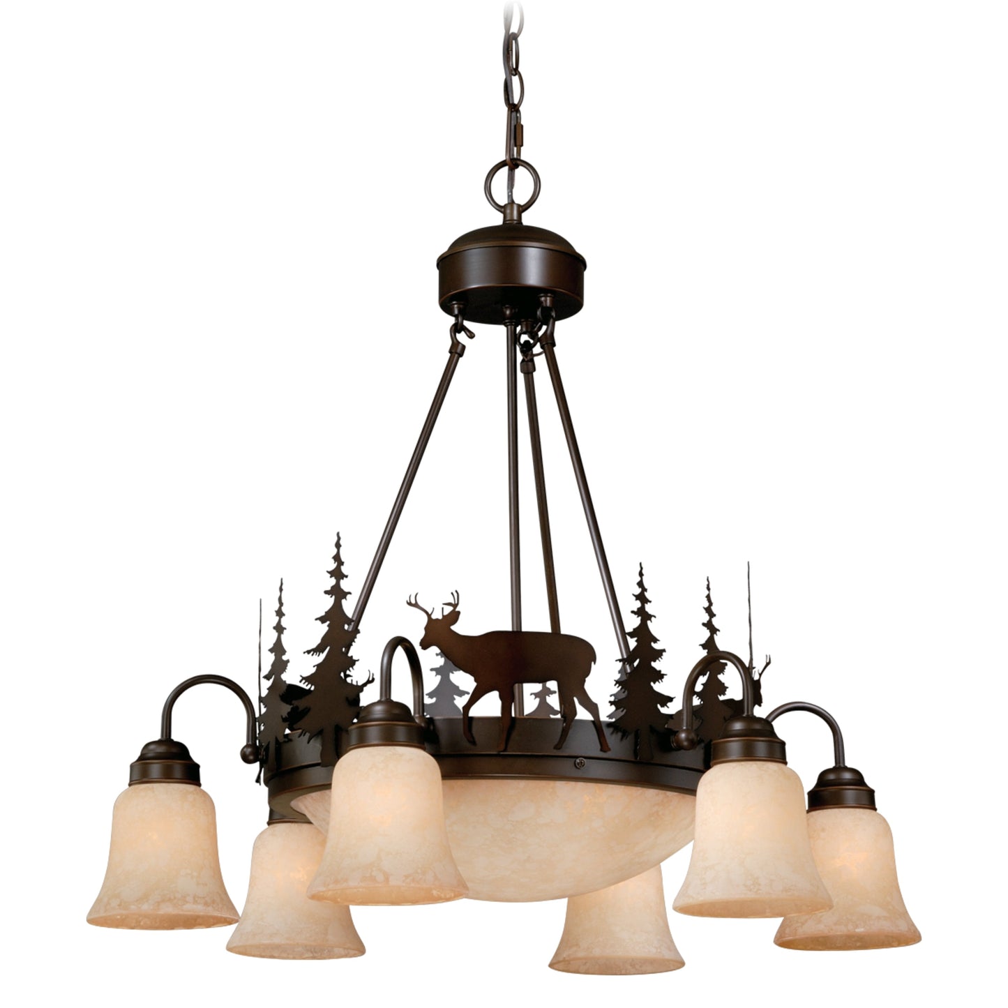 Vaxcel Bryce 29" 9-Light Bronze Rustic Deer Chandelier With Amber Flake Glass Shades