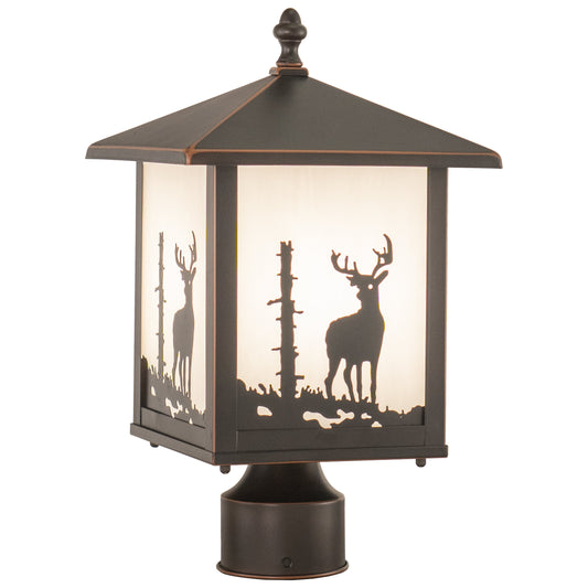 Vaxcel Bryce 8" 1-Light Bronze Rustic Outdoor Deer Tree Post Light With White Tiffany Glass Shade