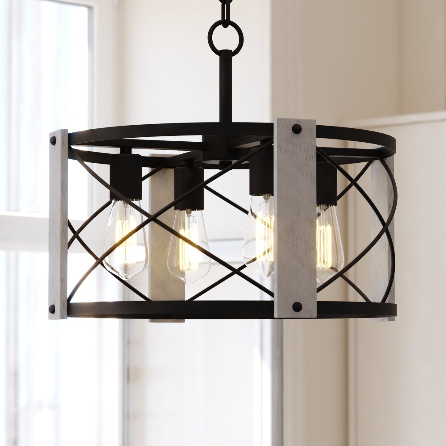 Vaxcel Burien 18" 4-Light Black and Washed Ash Farmhouse Steel Pendant Light With Drum Cage