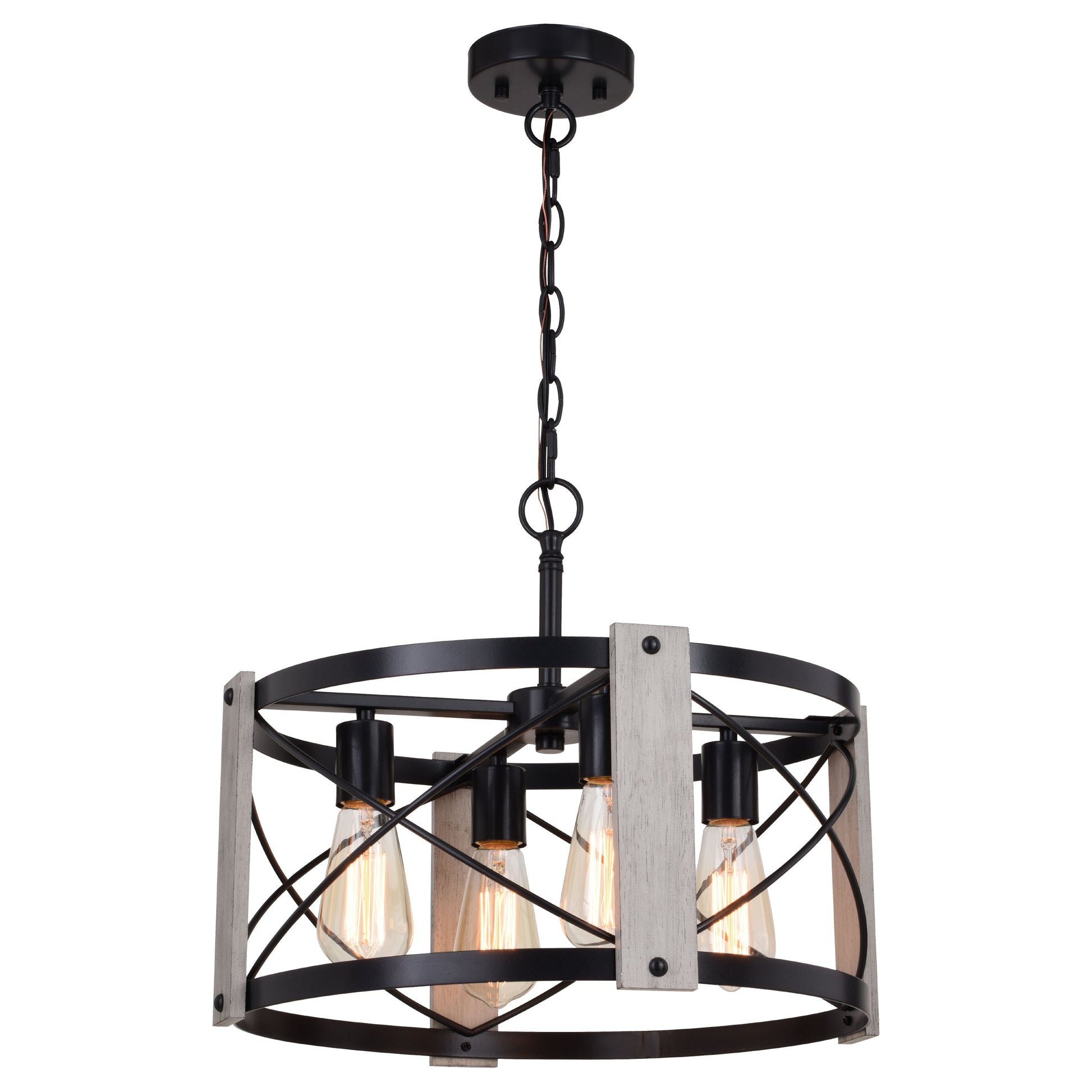 Vaxcel Burien 18" 4-Light Black and Washed Ash Farmhouse Steel Pendant Light With Drum Cage