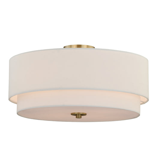 Vaxcel Burnaby 21" 4-Light Brass Mid-Century Modern Drum Semi-Flush Mount Ceiling Light With White Linen Shade