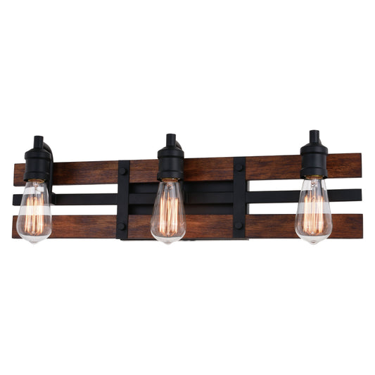 Vaxcel Carrington 24" 3-Light Matte Black Steel and Deep Walnut Solid Wood Farmhouse Bathroom Vanity Fixture