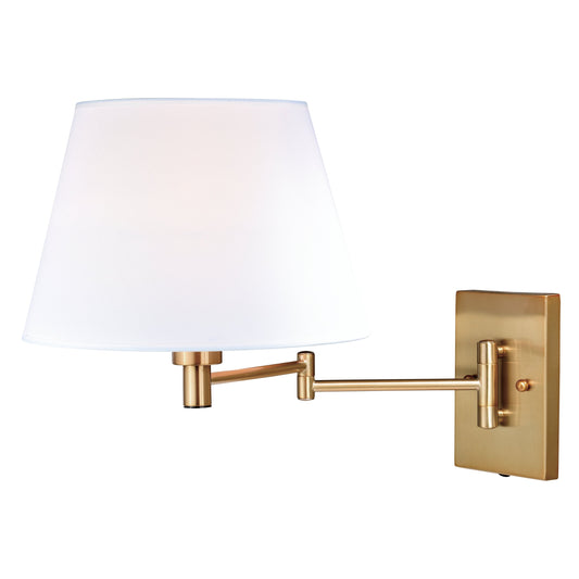 Vaxcel Chapeau 12" 1-Light Natural Brass Swing Arm Plug-In Wall Lamp With Motion Sensor and White Linen Cone Fabric Shade