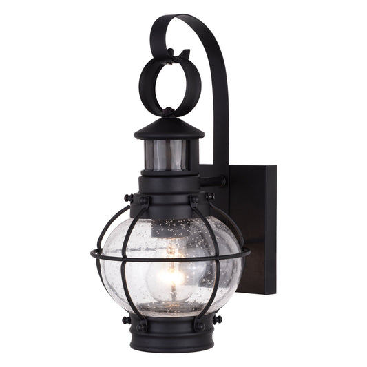 Vaxcel Chatham 8" 1-Light Black Coastal Motion Sensor Dusk-to-Dawn Outdoor Wall Light With Clear Seeded Glass Shade