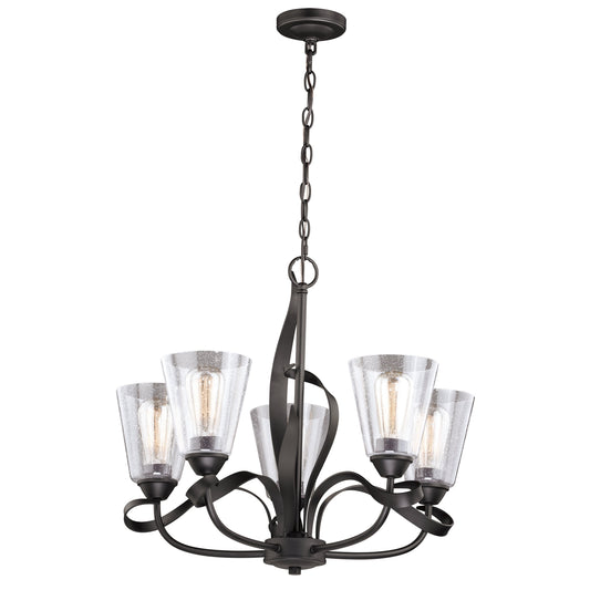 Vaxcel Cinta 25" 5-Light Bronze Steel Chandelier With Clear Seeded Glass Shade