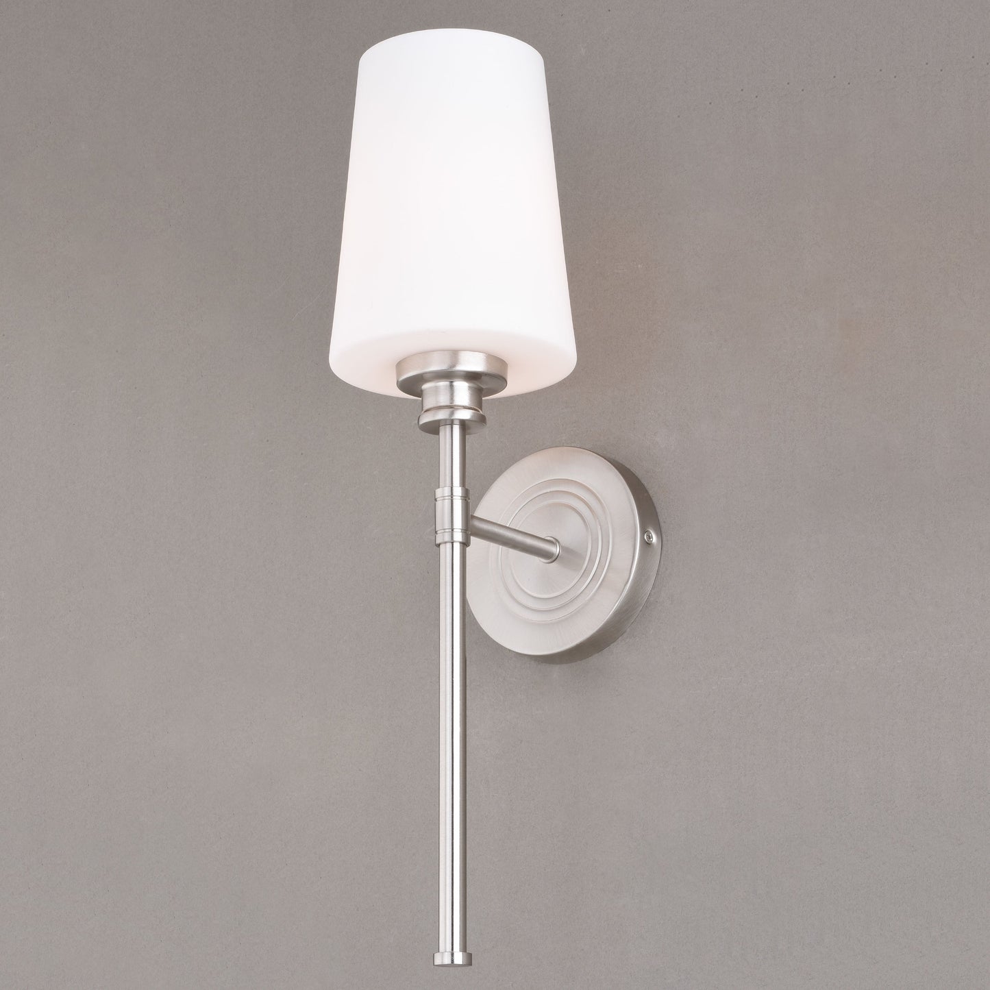 Vaxcel Clark 5" 1-Light Satin Nickel Bathroom Wall Sconce With White Frosted Opal Glass