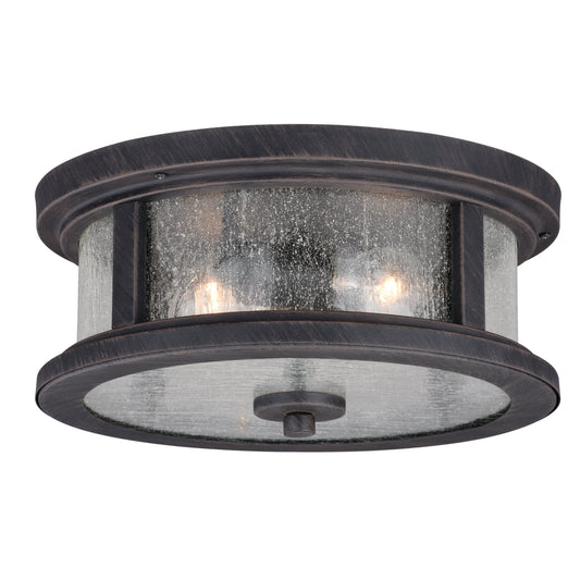 Vaxcel Cumberland 13" 2-Light Rust Iron Round Outdoor Flush Mount Ceiling Light With Clear Seeded Glass Shade