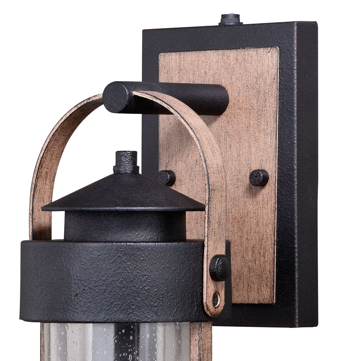 Vaxcel Cumberland 6" 1-Light Textured Dark Bronze and Burnished Oak Dusk-to-Dawn Rustic Outdoor Wall Lantern With Clear Seeded Glass