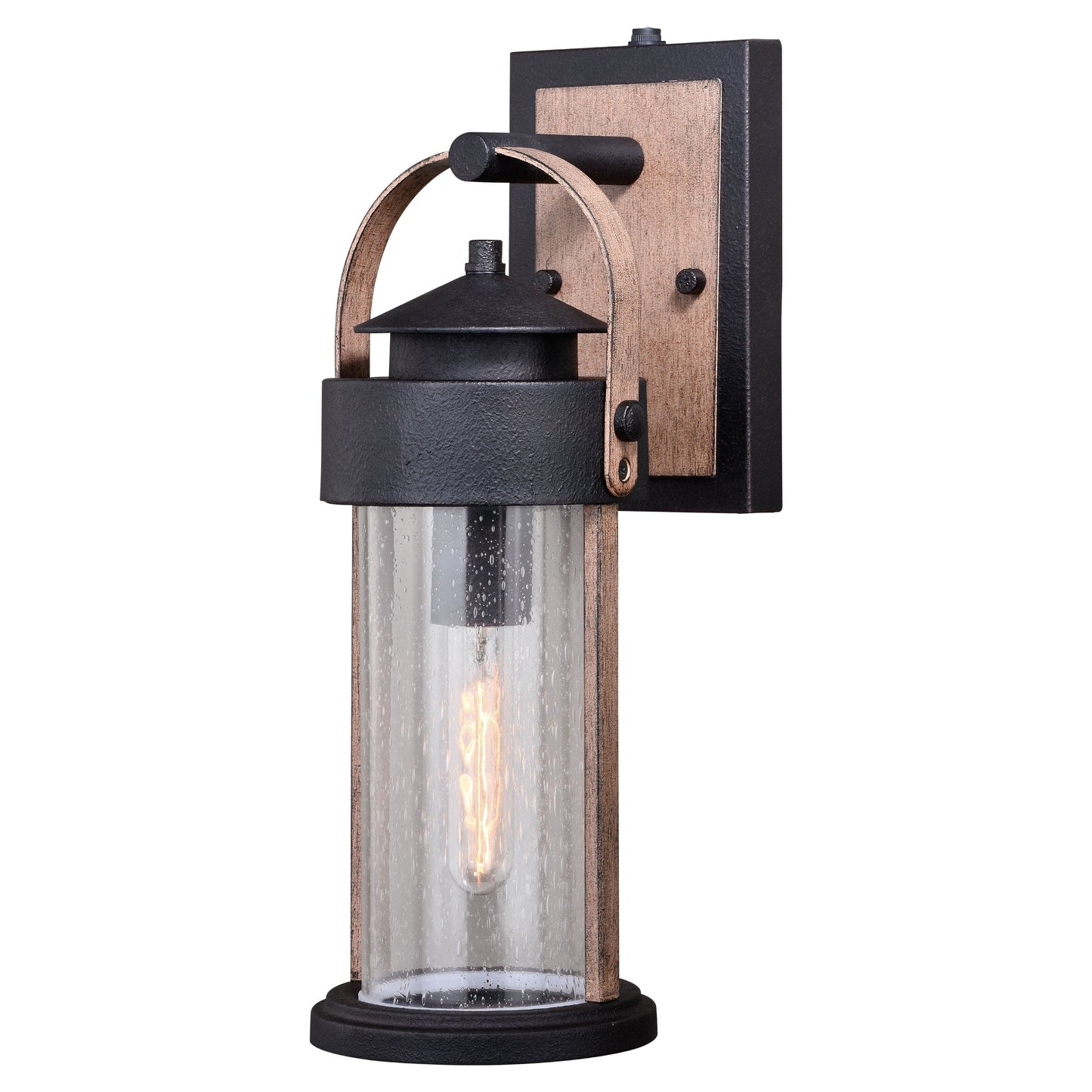 Vaxcel Cumberland 6" 1-Light Textured Dark Bronze and Burnished Oak Dusk-to-Dawn Rustic Outdoor Wall Lantern With Clear Seeded Glass