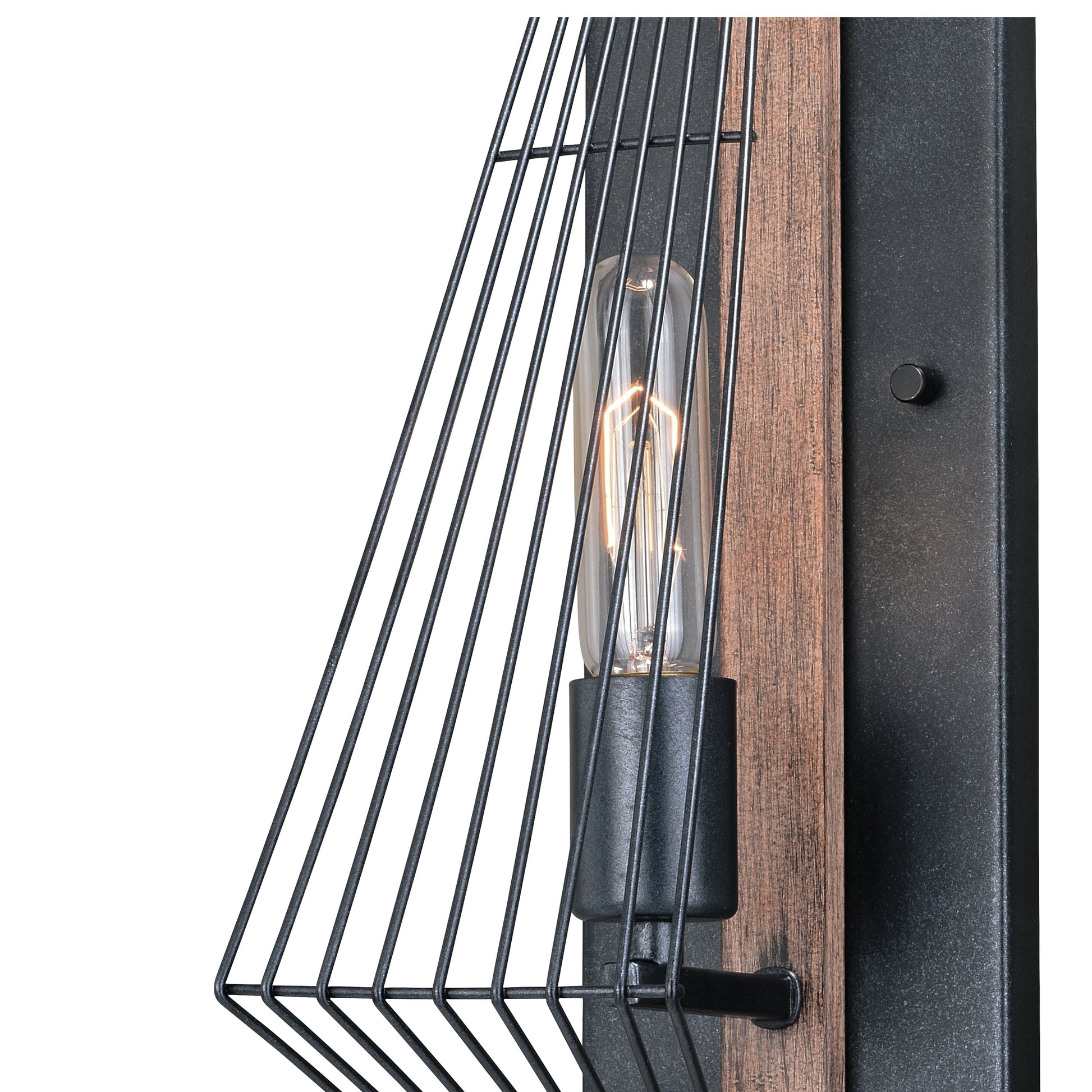 Vaxcel Dearborn 5" 1-Light Black Iron and Burnished Oak Geometric Wire Cage Flush Wall Sconce