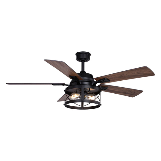 Vaxcel Elburn 52" Black and Driftwood-Walnut Farmhouse Ceiling Fan With Caged Drum LED Light Kit and Remote Control