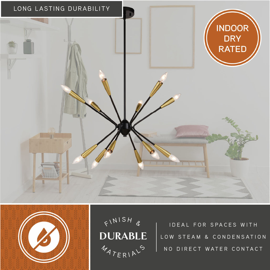 Vaxcel Ellis 25.25-in. 12 Light Pendant Matte Black and Satin Brass