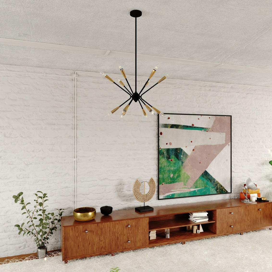 Vaxcel Ellis 25.25-in. 12 Light Pendant Matte Black and Satin Brass