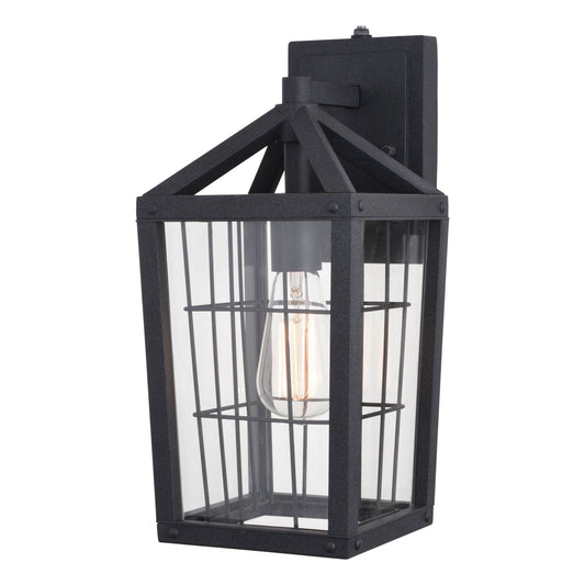 Vaxcel Gage 7" 1-Light Black Dusk-to-Dawn Farmhouse Outdoor Wall Lantern With Wire Cage and Clear Glass Shades