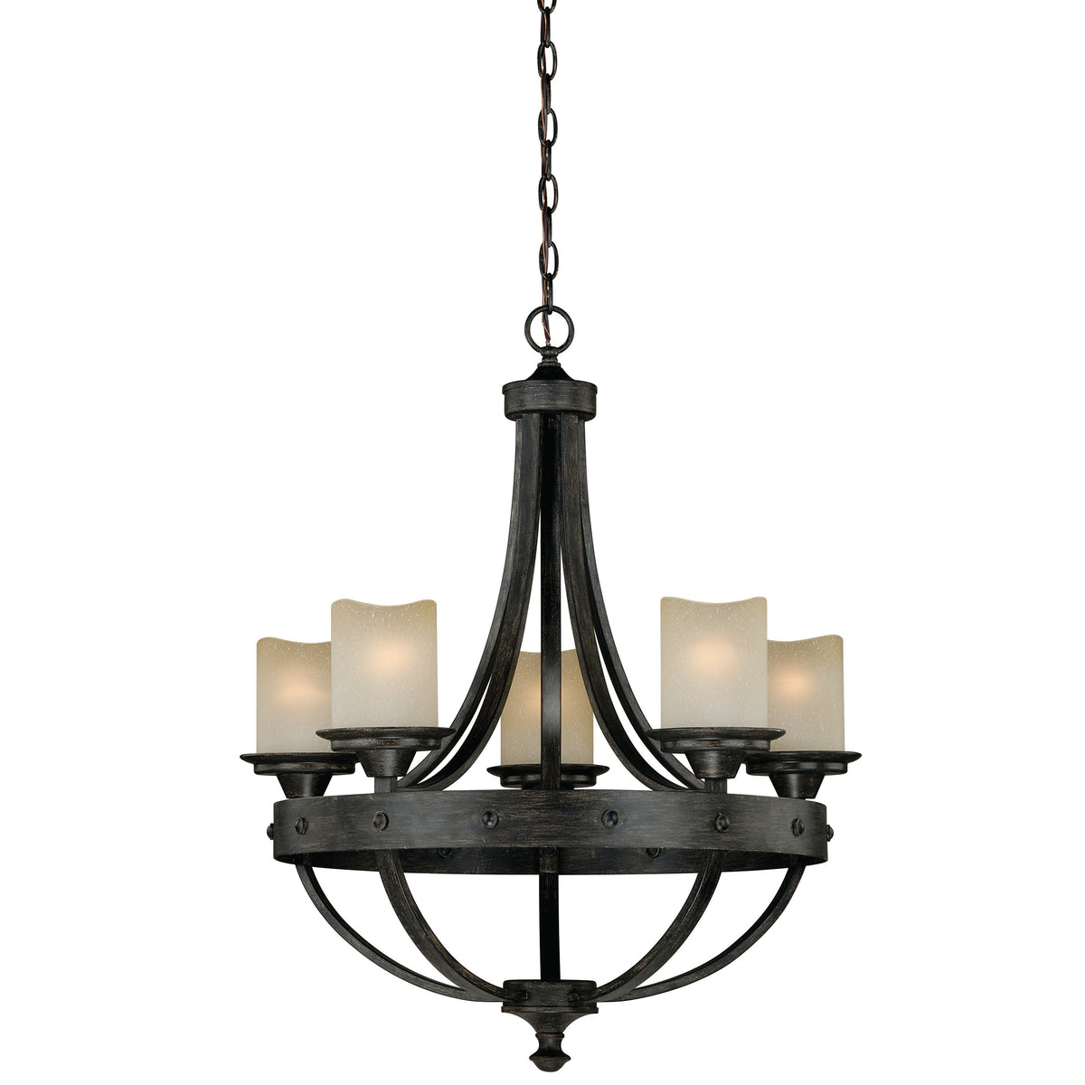 Vaxcel Halifax 25" 5-Light Black Walnut Rustic Wheel Chandelier With Creme Cognac Glass Shades