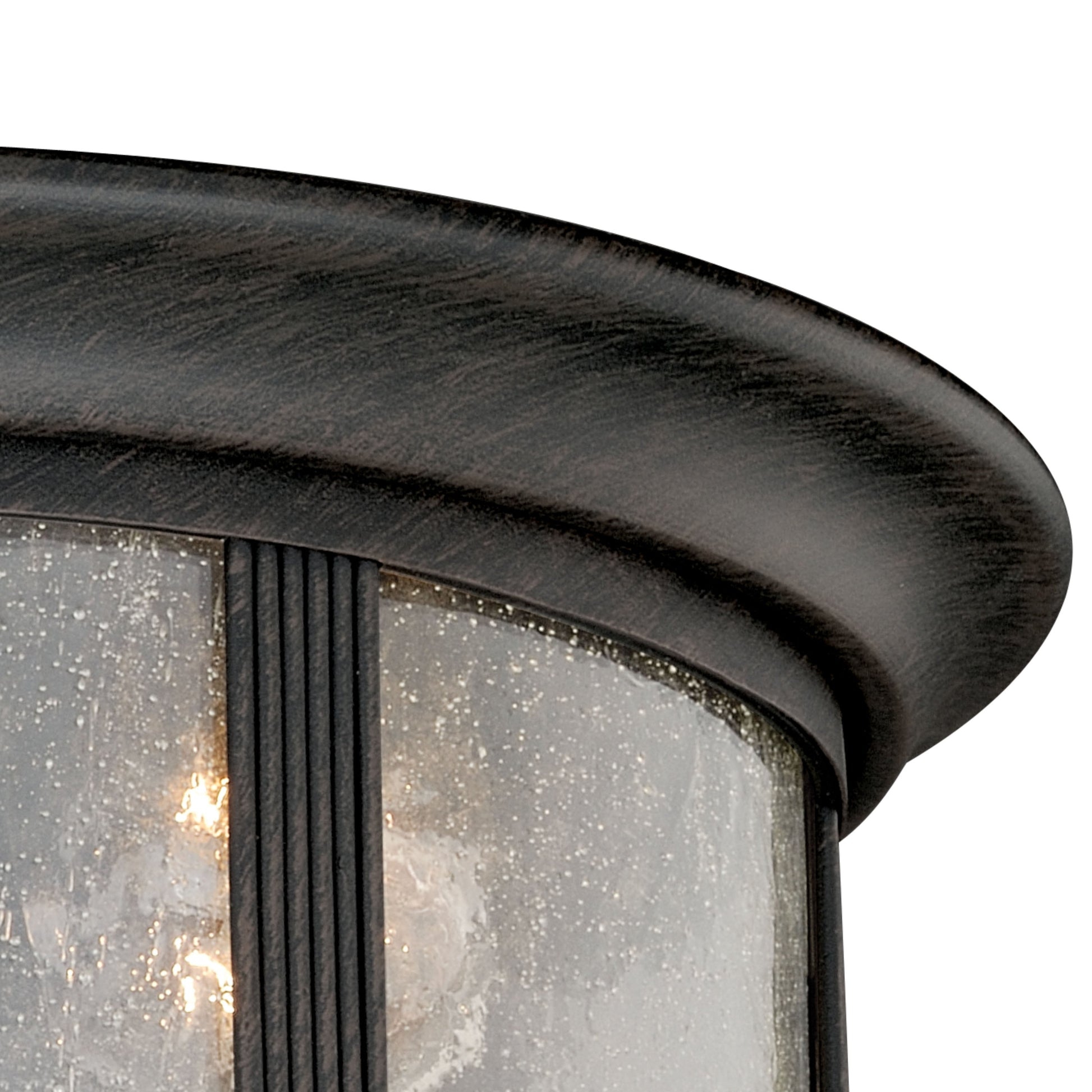 Vaxcel Hanover 12" 2-Light Brushed Iron Round Outdoor Flush Mount Ceiling Light With Seeded Glass Shades